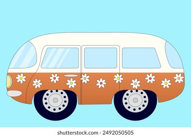 Bunte Retro-Wohnmobil mit Blumen dekoriert, perfekt für Sommerreisen und Abenteuer-Themen-Designs. Vektorillustration für verschiedene Verwendungszwecke.