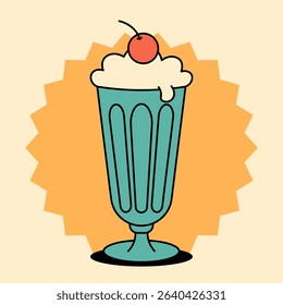 Colorful retro card with classic milkshake with whipped cream and cherry on top. Nostalgic postcard for dessert menus, posters or vintage food projects. Flat vector illustration in 1950s style