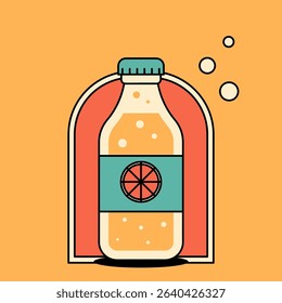 Colorful retro card with lemonade bottle in vintage colors. Nostalgic postcard for summer drink menu, healthy lifestyle themes or retro breakfast scenes. Flat vector illustration in 1950s style