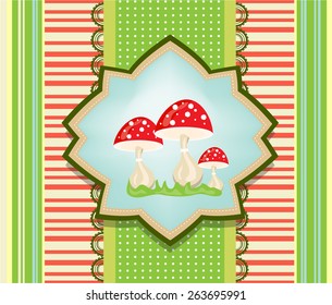 Colorful, retro card with red toadstools and grass