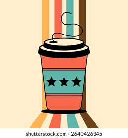 Colorful retro card with takeaway coffee cup with lid and sleeve. Nostalgic postcard for cafe branding, packaging, menu graphic and morning beverage visuals. Flat vector illustration in vintage 1950s