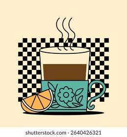 Colorful retro card with retro tea cup with lemon. Nostalgic postcard for coffee shops, morning themes or food illustration collections. Flat vector illustration in 1950s style