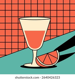 Colorful retro card with tropical cocktail glass with citrus slice. Nostalgic postcard for summer themes, bar menu, party poster and vintage style decor. Flat vector illustration in 1950s style