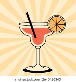 Colorful retro card with tropical cocktail glass with citrus slice. Nostalgic postcard for summer themes, bar menu, party poster and vintage style decor. Flat vector illustration in 1950s style