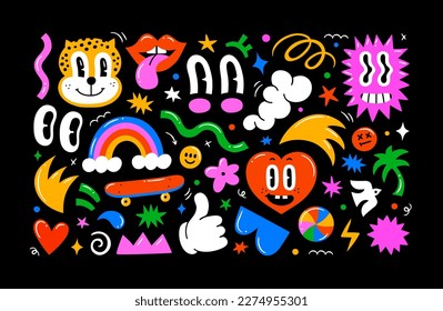 Colorful retro cartoon doodle illustration set  Vintage style eye   happy faces reaction sticker collection  Funny psychedelic character smiling  modern flat drawing art 