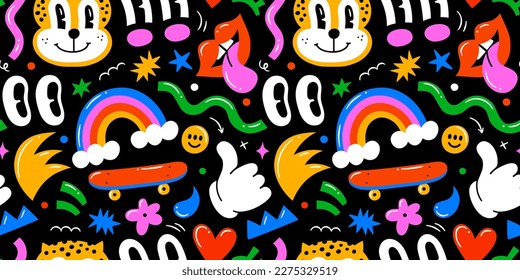 Colorful retro cartoon doodle seamless pattern illustration  Vintage style happy face sticker background  Funny psychedelic character drawing wallpaper print  90s graphic art texture 