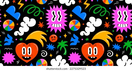 Colorful retro cartoon doodle seamless pattern illustration  Vintage style happy face sticker background  Funny psychedelic character drawing wallpaper print  90s graphic art texture 