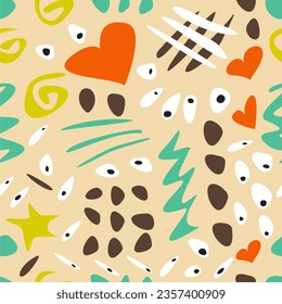Colorful retro cartoon doodle seamless pattern illustration. Funny psychedelic drawing print, graphic art texture.