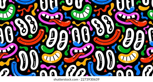 Colorful retro cartoon faces seamless pattern illustration  Funny character art background and happy expression reaction  Vintage drawing doodle wallpaper print texture 