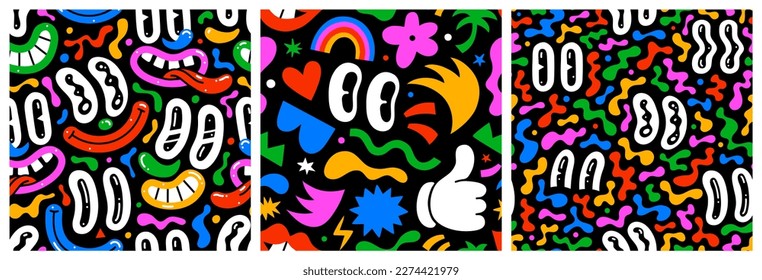 Colorful retro cartoon faces seamless pattern illustration set  Funny character art background collection and happy expression reaction  Vintage drawing doodle wallpaper print texture 