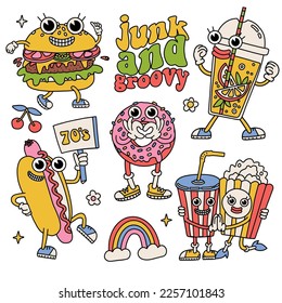 Colorful retro cartoon fast food   takeaways characters set and hot dog  donut  burger  popcorn  soda  lemonade groovy mascots  70s 80s Hand drawn contour flat vector illustration isolated white