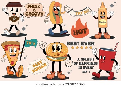 Caricatura retro colorida de comida rápida y toma personajes con hot dog, donut, hamburguesa, palomitas de maíz, soda, mascotas de limonada. Ilustración vectorial de los años 80 aislada en blanco