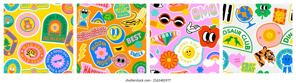 Colorful retro cartoon label seamless pattern set. Collection of trendy vintage sticker backgrounds. Funny comic character and quote patch bundle. Cute children icon, fun happy illustrations.