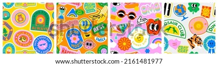 Colorful retro cartoon label seamless pattern set. Collection of trendy vintage sticker backgrounds. Funny comic character and quote patch bundle. Cute children icon, fun happy illustrations.