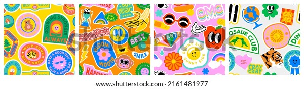 Colorful retro cartoon label seamless\
pattern set. Collection of trendy vintage sticker backgrounds.\
Funny comic character and quote patch bundle. Cute children icon,\
fun happy\
illustrations.