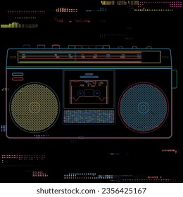 Colorful retro cassette player and radio flat design outline vector illustration on black background with risograph printing effect.