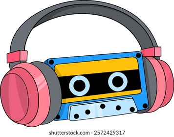 A colorful retro cassette robot character with a blue and yellow cassette body, wearing pink and gray headphones, symbolizing music and nostalgia