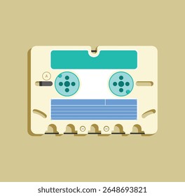 colorful retro cassette tape in flat style. Vintage music, analog audio media, and nostalgic design concept from the 80s and 90s.