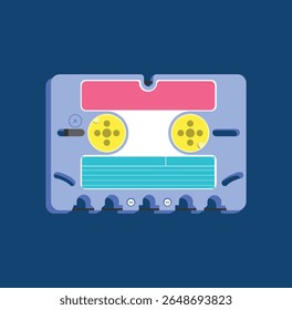 fita cassete retro colorido em estilo plano. Música vintage, mídia de áudio analógica e conceito de design nostálgico dos anos 80 e 90.
