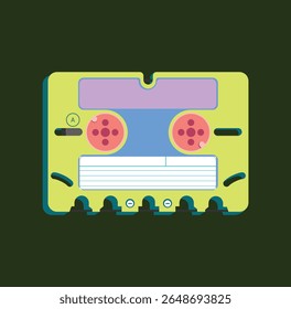 colorful retro cassette tape in flat style. Vintage music, analog audio media, and nostalgic design concept from the 80s and 90s.