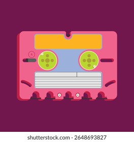 colorful retro cassette tape in flat style. Vintage music, analog audio media, and nostalgic design concept from the 80s and 90s.