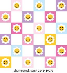 Colorful retro checkered grid pattern with smiling flowers. Cute  trendy vector illustration in 70s, 80s, 90s style. Background print for textile, wallpaper, stationery etc.