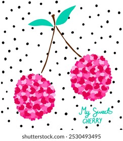 Gráfico colorido de cereja retro feito com corações cor-de-rosa, Slogan desenhado à mão "My Sweet Cherry", fundo Polka com pequenos pontos