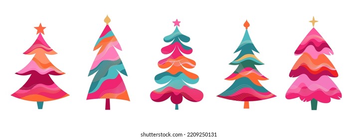 Colorful Retro Christmas Trees Collection for New Year 2023