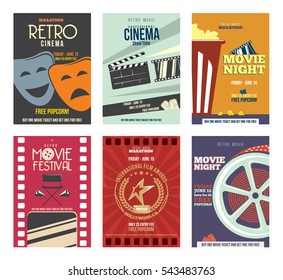 Colorful Retro Cinema Posters or Flyers.  With, Film Projector, popcorn,  glasses, clapper, megaphone, reel and more.  