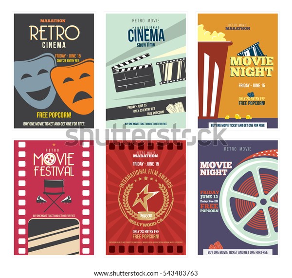 Colorful\
Retro Cinema Posters or Flyers.  With, Film Projector, popcorn, \
glasses, clapper, megaphone, reel and more. \
