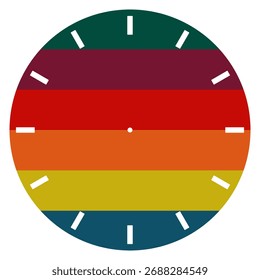 Colorful Retro Clock Face Design with Horizontal Stripes and Minimalist White Hour Marks for Modern Wall Clock Illustration