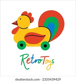 Colorful retro cock for children. Vector illustrations for create unique t-shirt, cup or bag design, house poster, wallpaper, textiles, apparel or postcards 