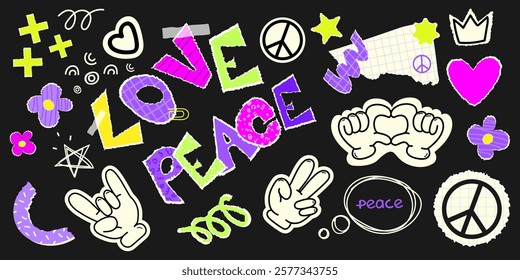 Colorful retro collage with torn paper elements, peace signs, hand gestures, stars, hearts, and playful text set on a dark background. Funky Abstract elements, stickers, icons, emblems Design. Vector 