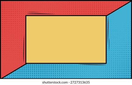 Fondo de cómic retro colorido con espacio de copia central, puntos de semitono y vibrantes paneles geométricos rojos, azules y amarillos.