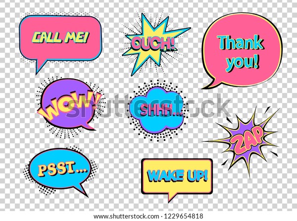 Colorful retro comic bubbles and elements set with\
black halftone shadows on transparent background. \
Wow! Ouch! Shh.\
Psst. Wake up! Call me! Zap! Thank you! Vector illustration in pop\
art style.