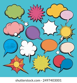 Colorful retro comic speech bubbles set with vibrant designs. Perfect for adding a dynamic and playful element to your comics, cartoons, and creative projects