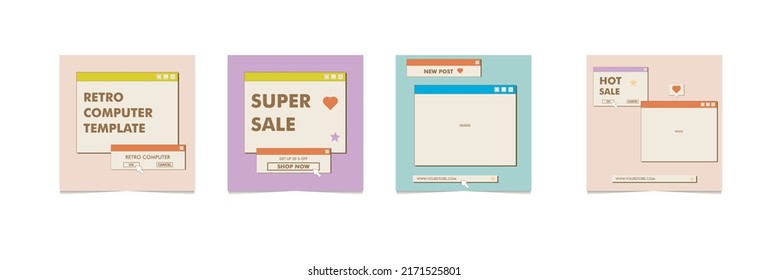 Colorful Retro Computer Social Media Template. Old Retro Computer Social Media Template