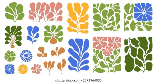 Colorful Retro Curves. Set of Organic Flower Shapes, Abstract Nature Symbols, Patterns, Elements