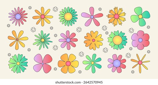 Colorful retro daisy flower set with rainbow gradient petals - groovy hippie style blooms in pink, orange, yellow and green for 70s design, psychedelic patterns and vintage spring decoration graphics.