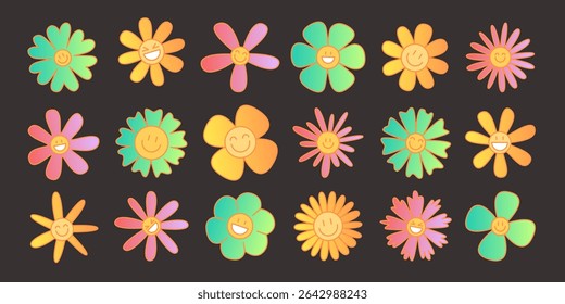 Colorful retro daisy flower set with rainbow gradient petals - groovy hippie style blooms in pink, orange, yellow and green for 70s design, psychedelic patterns and vintage spring decoration graphics.