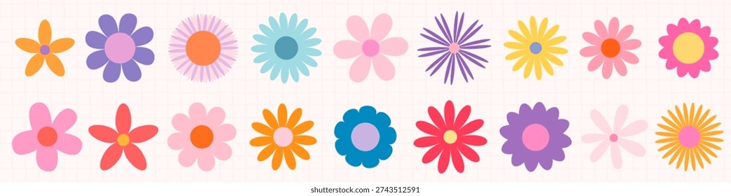 Colorful retro daisy vector flowers, simple geometric shapes, graphic design elements for greeting cards and summer designs