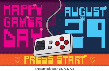 Colorful retro design with 8-bit background with video game screen title, and classic controller for Gamer Day in August 29. celebration design
