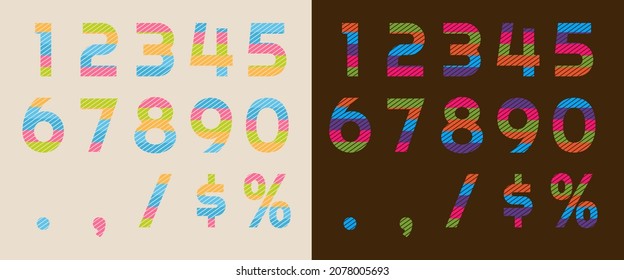 Colorful retro flat numbers, percentage and dollar sign.