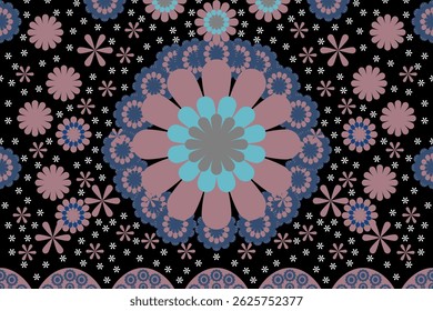 Colorful retro floral pattern with large symmetrical blossoms in pink, blue, and grey on a black background. Ideal for fabric, wallpaper, wrapping paper, and decorative surface design.