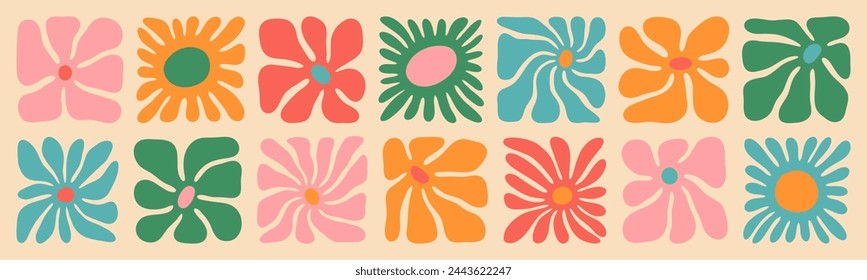 Colorful retro flower illustration set. Vintage style hippie floral clipart element design collection. Hand drawn nature collage, spring season drawing bundle with daisy flowers.