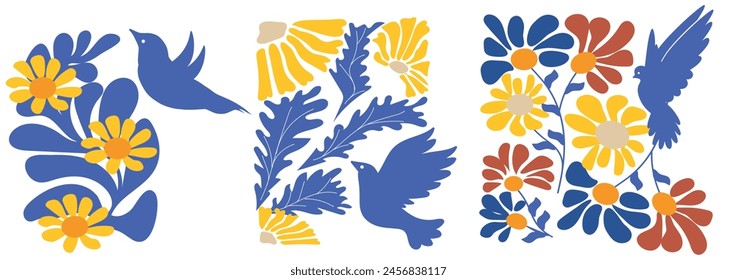 Colorful retro flower illustration set. Vintage style hippie floral clipart element design collection. Contemporary botanical prints. Hand drawn design for wall decor, print, t-shirts, cover, template