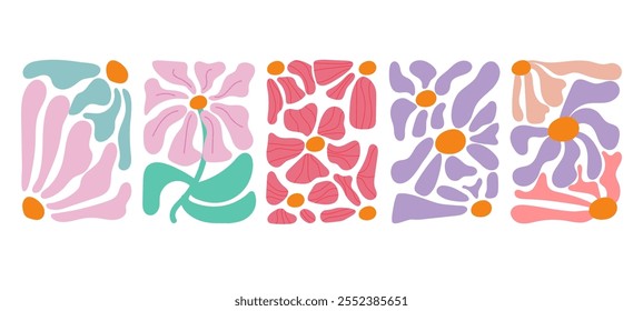 Colorful retro flower illustration set. Vintage style hippie floral clipart element design collection. Hand drawn nature collage, spring season drawing bundle with daisy flowers