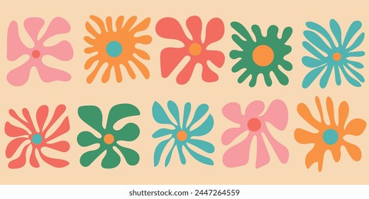 Colorido conjunto de flores retro. colección de diseño de elemento Clipart floral hippie estilo Antiguas. Collage de la naturaleza dibujado a mano, Paquete de dibujo de la estación de primavera con flores de margarita.