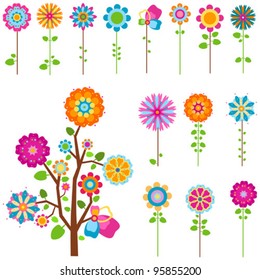 bunter Retro-Blumen und Baumbestand