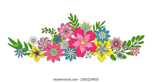 Flores retro coloridas y ramas con contorno negro. Arreglo de flores horizontales, hilado de groovy en línea de viñeta, motivo o borde. Ilustración de estilo plano, patrón de superficie, impresión en papel, tela